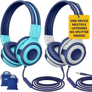 2 Pack  Headphones for School with Share Port, 75/85/94dB Volume Limit, Wired Headphones with Mic for Chromebook/Kindle/iPad, Foldable Headsets for Travel/Airplane/School/Gaming Boys Girls