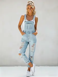 Women's Y2K Distressed Denim Overalls Light Wash Multiple Ripped Design Cuffed Hem Casual Daily Wear Vacation Photoshoot Streetwear Hot Girl Style