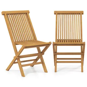 COSTWAY - Outdoor Teak Wood Chairs Set of 2 with Slatted Seat and Backrest