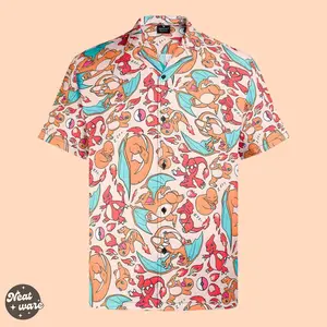 Charmander Charmeleon Charizard Hawaiian Shirt With Fire Type Pokemon - Summer Vacation Gift for men, him - Menswear, Collar, Fabric, Loose, Wood Button, Short Sleeve