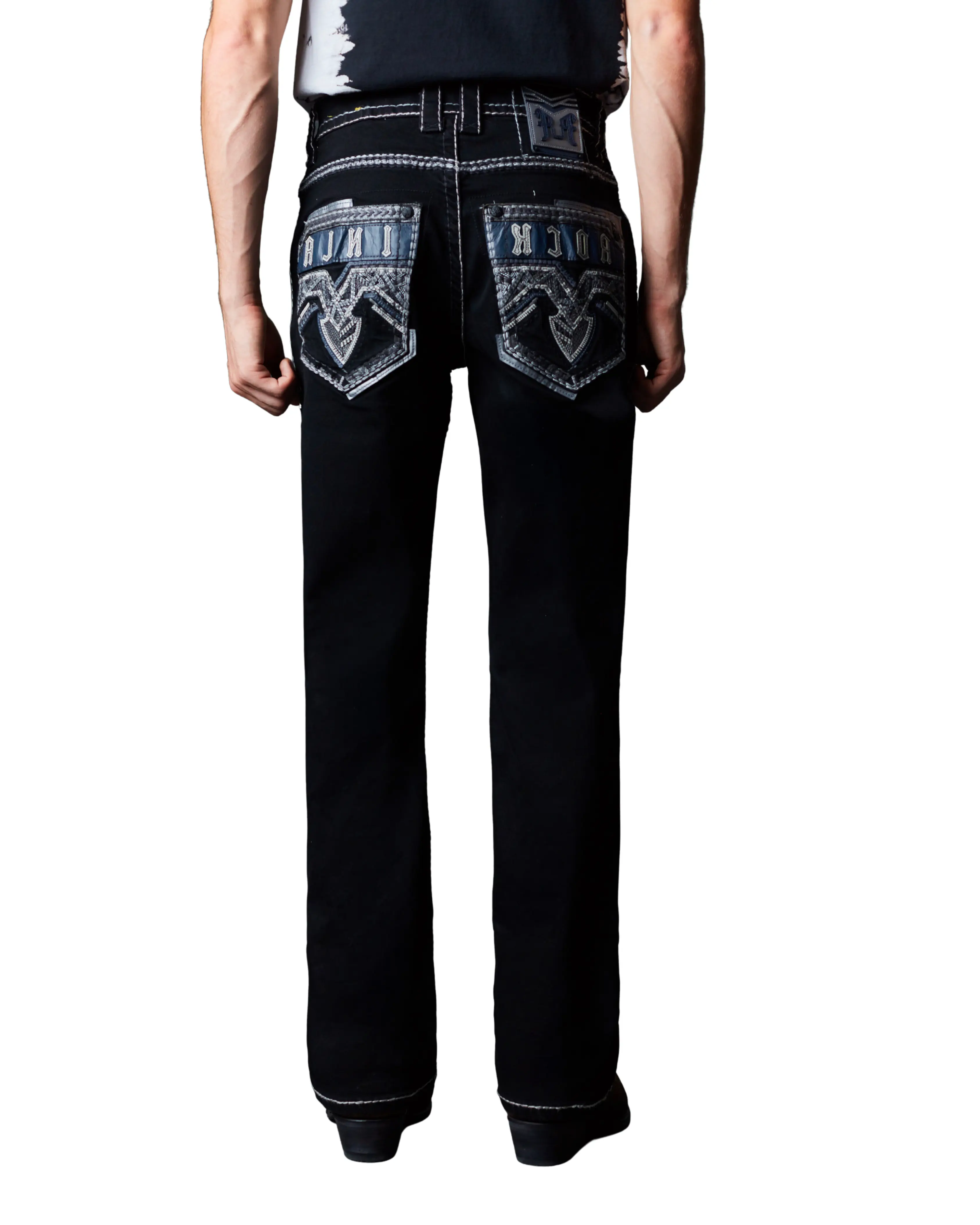 MENS ROCK REBEL RUSTIC BLACK BOOT CUT JEANS