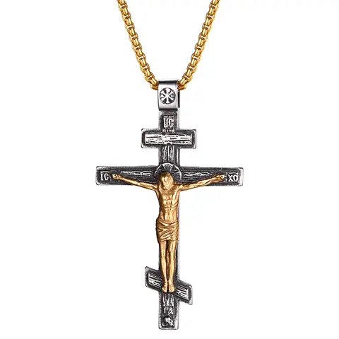 OIDEA Unisex Vintage Ornate Gold-Plated Orthodox Crucifix Fashion Necklace - Stainless Steel Religious Iconography Jewelry, Faith Gift for Birthday & Confirmations, Cross Necklace Women