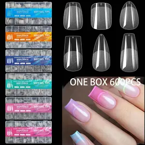 600pcs Complete Set Almond Shaped Short Matte Acrylic Transparent False Nail Tips, Semi-Finished Artificial Nails For DIY Painting Press On Nails, Nail Extension, Almond Fake Nails