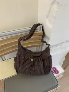 Plaid drawstring large capacity crossbody bag, Daily commuter bag, Lightweight waterproof fabric+plaid print, drawstring pleated design+adjustable shoulder strap, suitable for daily commuting, short trips, single shoulder tote bag with American r