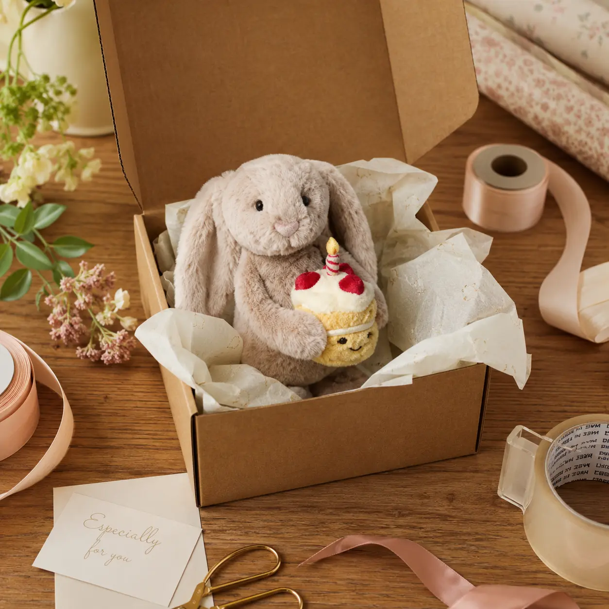 Jellycat Soft Birthday Bunny Plush – Long Ear Rabbit Holding Smiling Cake and Candle