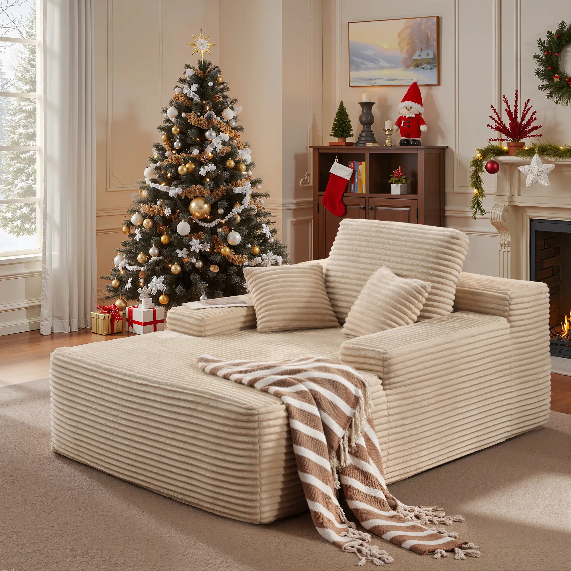 ALLWEX Modern Corduroy Cloud Sofa - 48" Deep Seating Lounge Couch with Wide Chaise, Soft Ribbed Fabric Upholstery, Throw Pillows & Cup Holders, Comfy Small Space Option for Living Room, Bedroom, Lounges, With Cup Holders