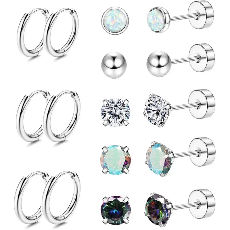 Jstyle Women's 8-Pair 20G Surgical Steel Stud Earrings - Hypoallergenic Non-Tarnish Body-Safe Jewelry, 7 mm Flat Back Artificial Zirconia/Opal Hoops for Helix Piercing, Unisex Earring Stacking Set, Artificial Zirconia Earrings