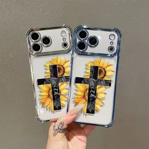Transparent Sunflower Cross-Designed Electroplated TPU Smartphone Casing, 4-Corner Airbag Shockproof Protection, Accessory for iPhone 11/12/13/14/15/16/17 Pro Max