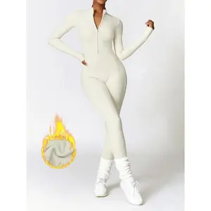 Women's Solid Zip Up Skiing Quick Drying Jumpsuit, Casual Sporty Long Sleeve Jumpsuit for Skiing Cycling, Ladies Sportswear for Fall & Winter