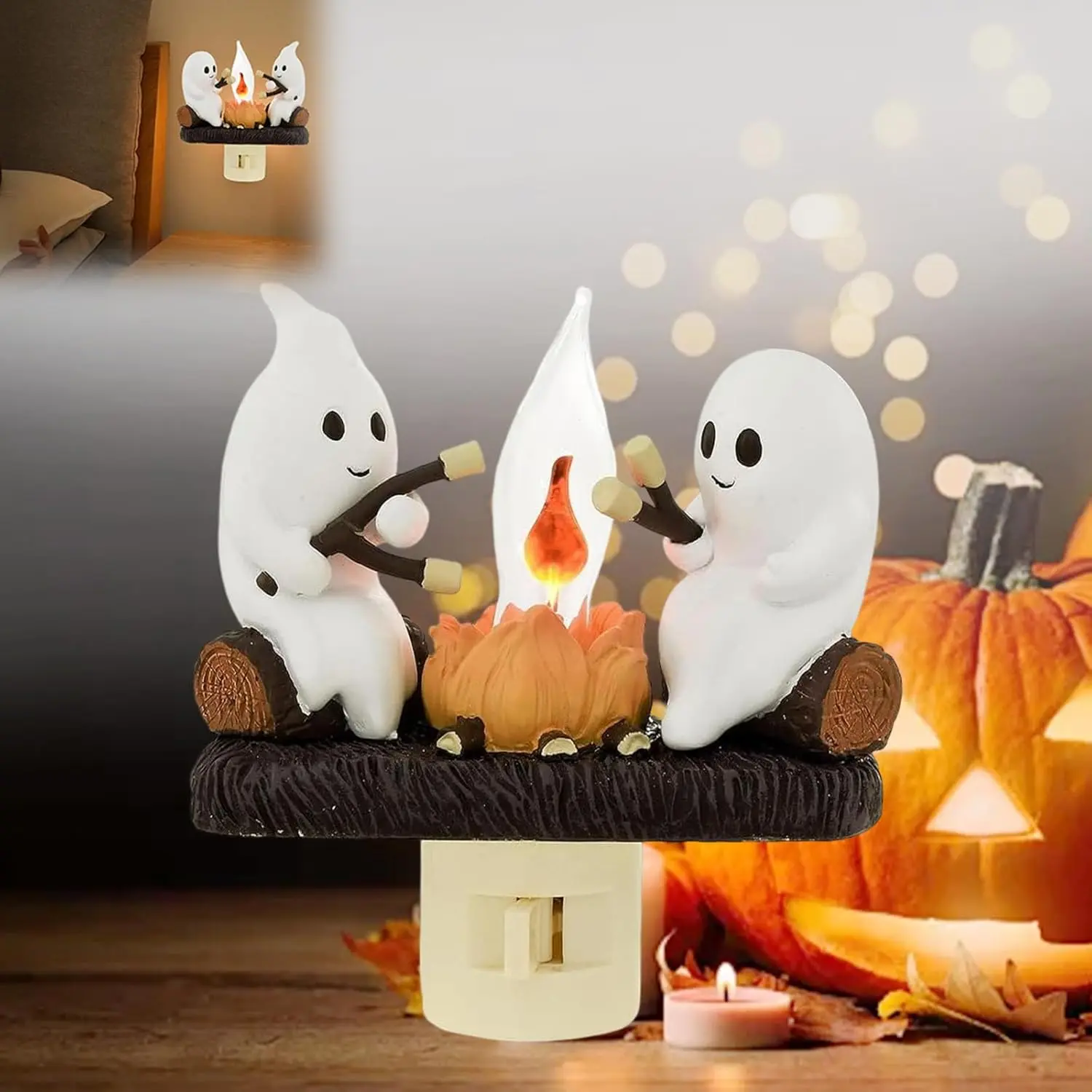 Ghost Campfire Flickering Night Light, Halloween Night Lights Plug Into Wall Kids, Ghost Roasting S'Mores at Campfire Nightlight, 3D Flame Lamp, Cute Ghost Lights for Home Room Decor
