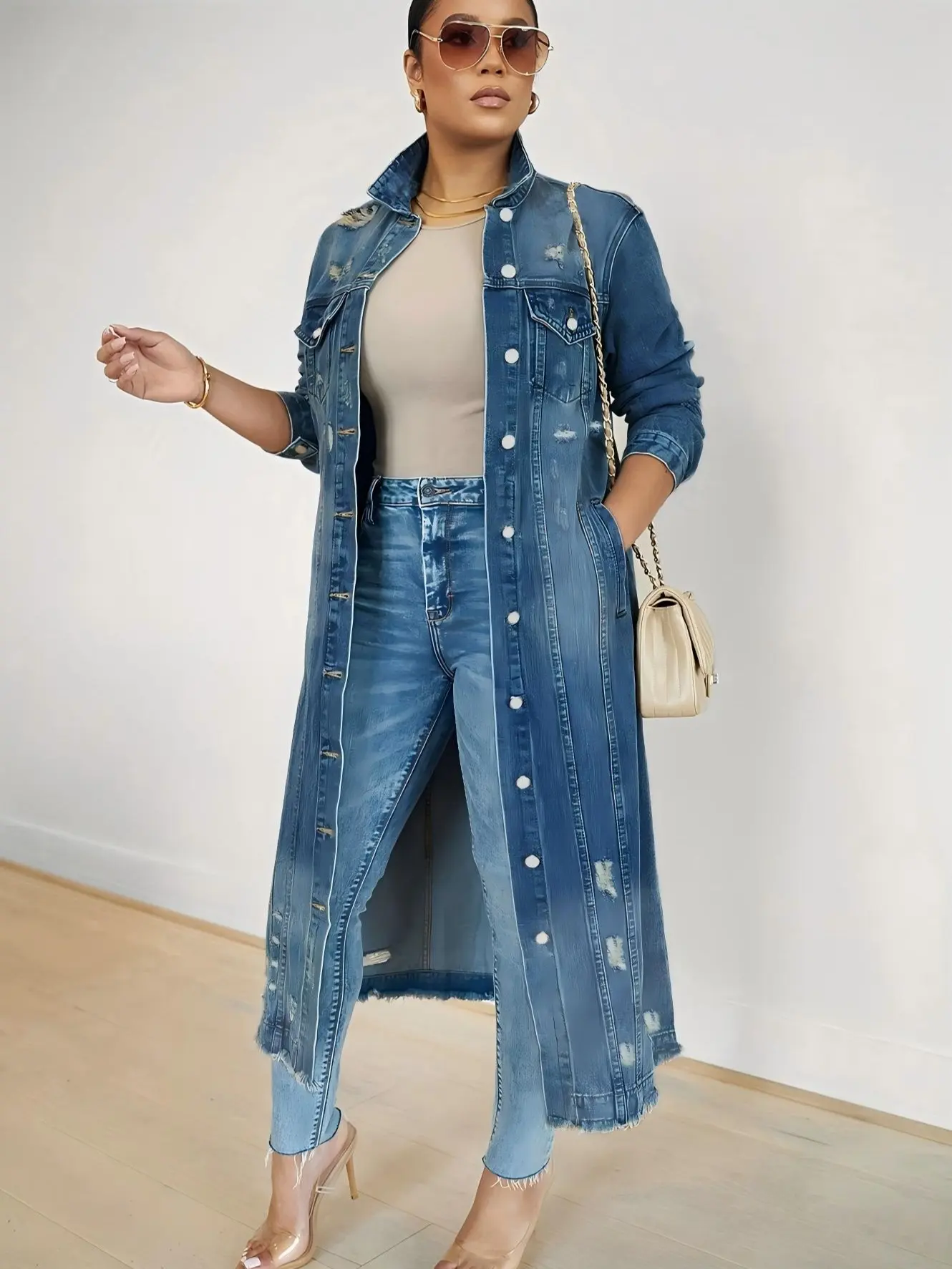 Women's Plus Size Longline Denim Duster Coat, Long-Sleeve Button-Front Ripped Streetwear Outerwear with Frayed Hem and Pockets, Casual Everyday Statement Piece, Coats