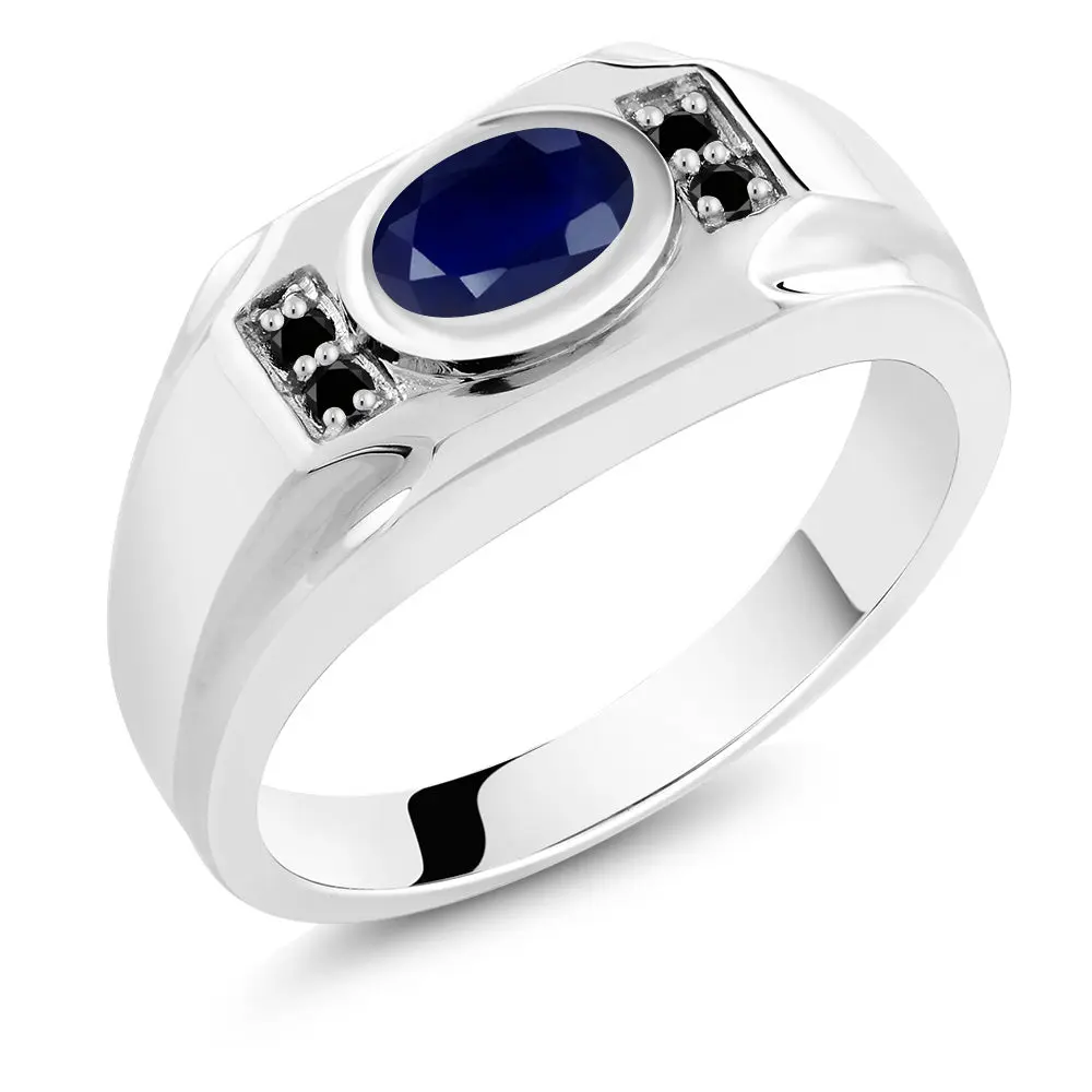 1.92 Cttw Blue Sapphire and Black Diamond Ring for Men | 925 Sterling Silver | Gemstone September Birthstone | Oval 8X6MM | Available In Size 7, 8, 9, 10, 11, 12, 13