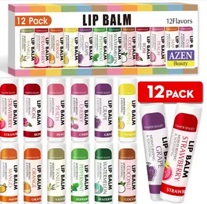 AZEN 12 Pack Lip Balm, Natural Lip Balm Bulk, Lip Care Product, Moisturizing Lip Balms for dry cracked lips, Valentines Gifts Easter Basket Stuffers - 12 Flavors