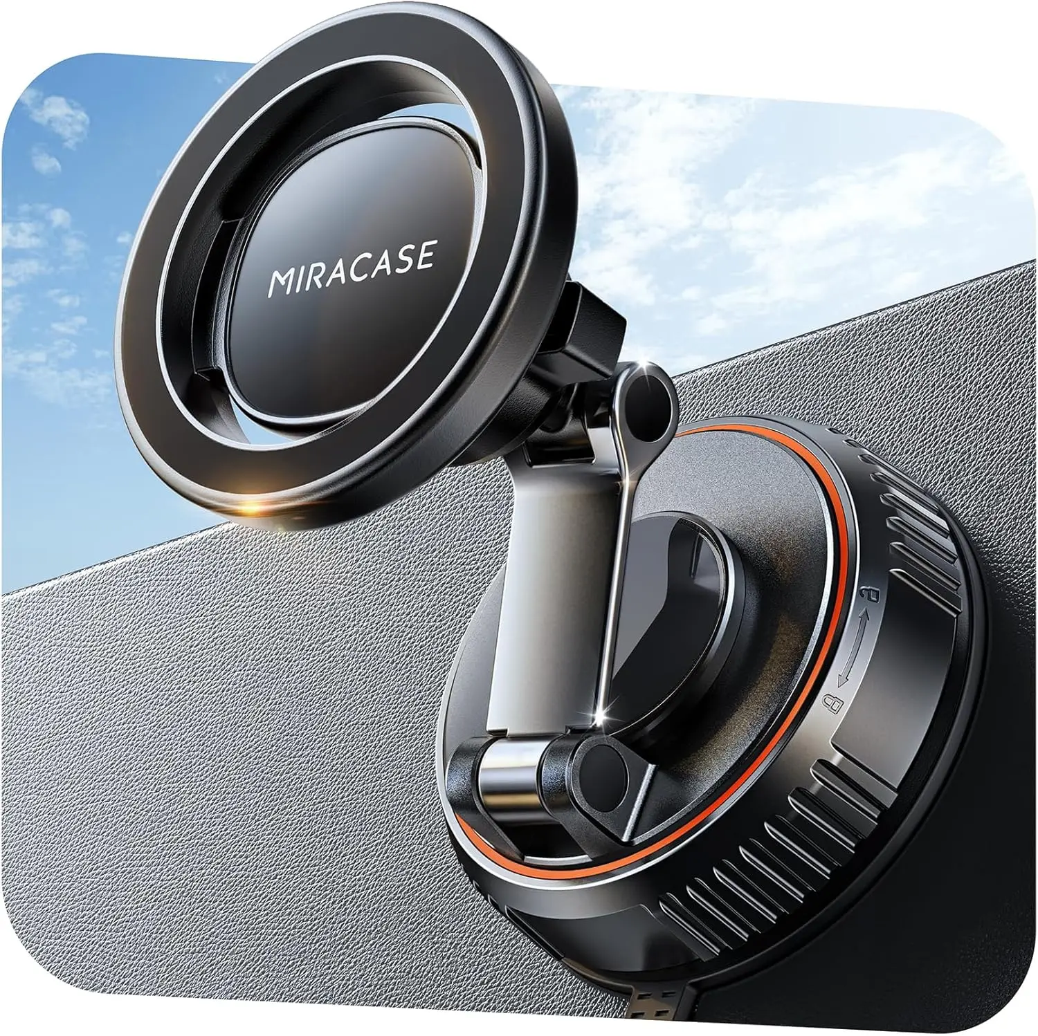 Miracase MagSafe Car Mount - 3600Gf Strong Magnet, 89+LBS Suction Base, 360° Ball Joint, 210° Zinc Alloy Arm, 4-Layer Nano Gel, 1-Second Setup, Metal Ring Compatible, Dashboard & Windshield Mount with Dash Accents for All Smartphones