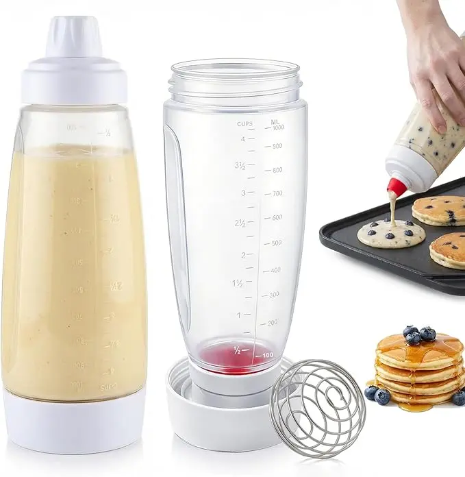 Pancake Batter Dispenser Bottle Kit - 4.5-Cup Pancakes Mixer with Shaker Ball Stainless Steel Whisk, Squeeze Bottles for Cupcake Muffin Waffle Crepe