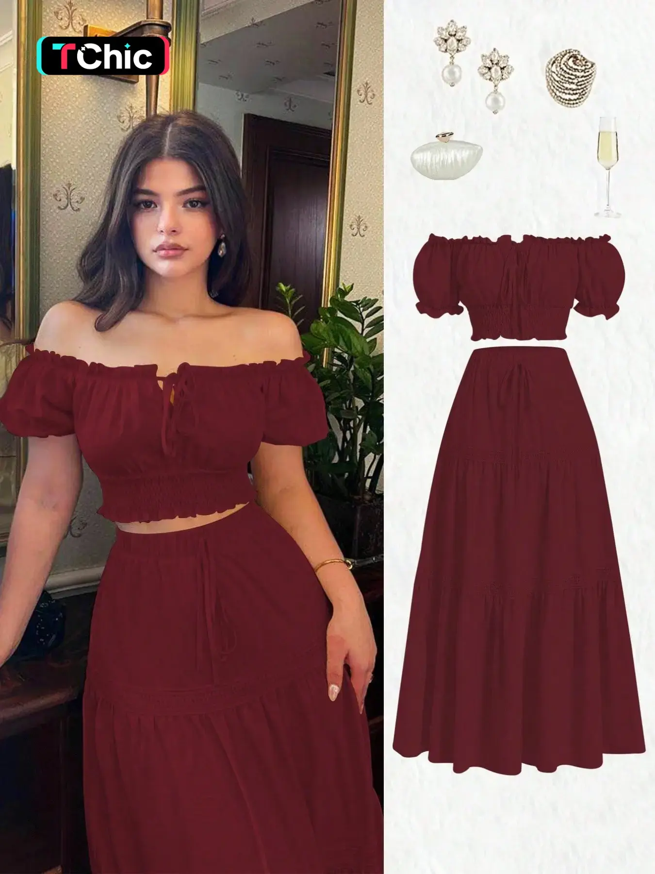 New Women's One Shoulder Bubble Sleeve Front Tie Bow Waist A-Line Skirt Set, Casual Fashion Chic Young Daily Wear, Elegant Two-Piece Outfit