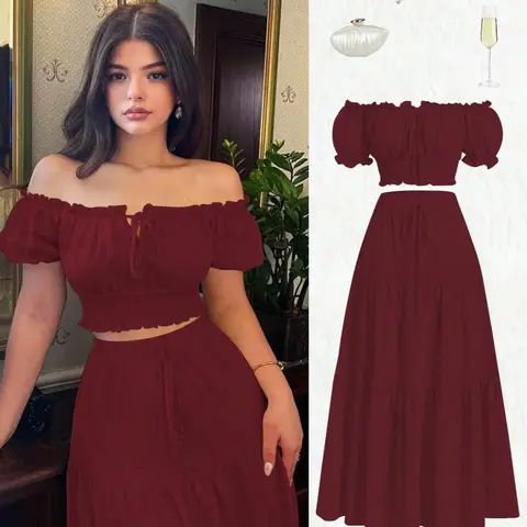 New Women's One Shoulder Bubble Sleeve Front Tie Bow Waist A-Line Skirt Set, Clothes, Fashion Sets, Casual Fashion Chic Young Daily Wear, Elegant Two-Piece Outfit