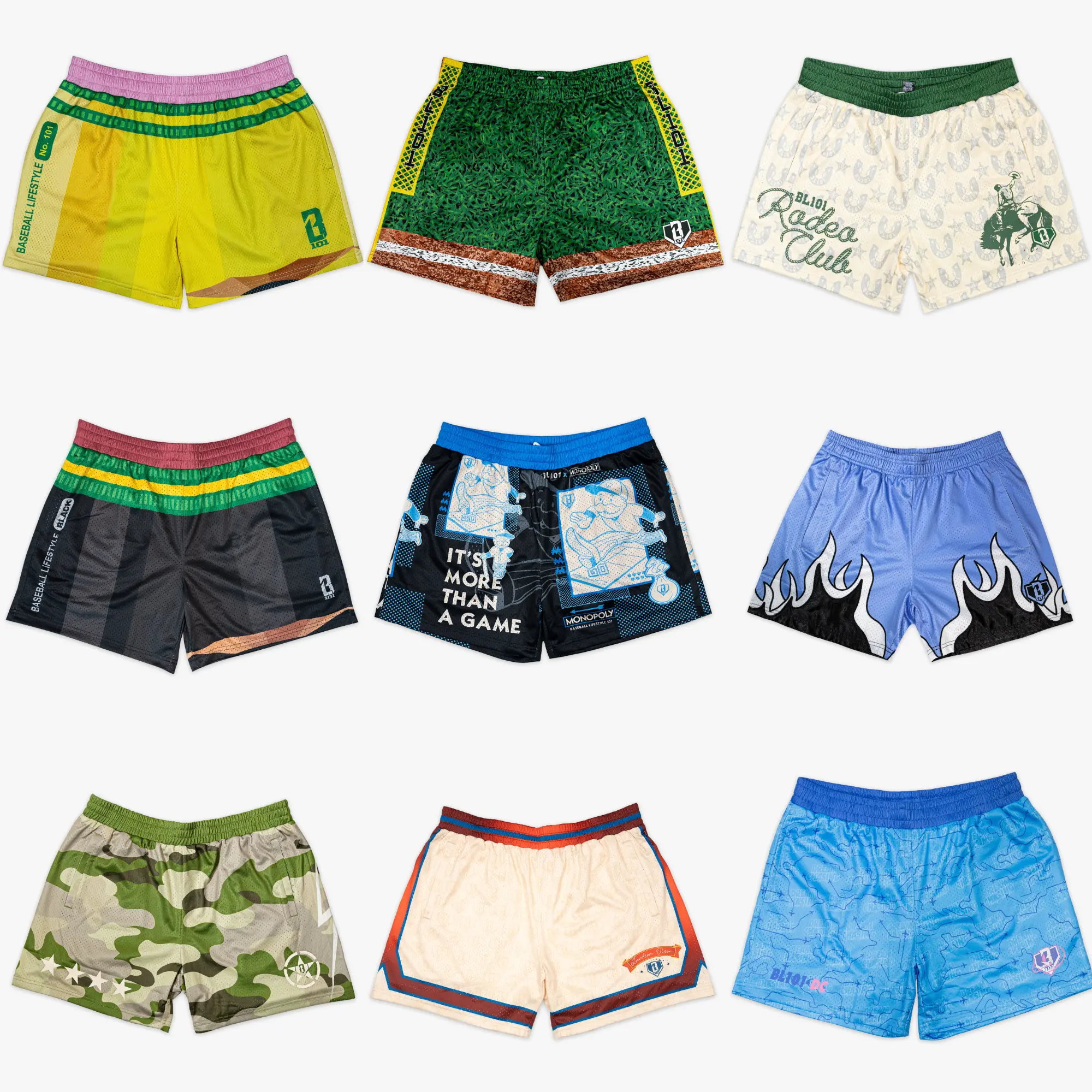 Baseball - Lifestyle - 101 | Premium Men's Graphic Mesh Shorts – Luxury Streetwear & Athletic Gym Shorts: Classic No. 2 Pencil, Retro Monopoly, Rodeo Club, Hot Rod Flames & Turf Field Pack