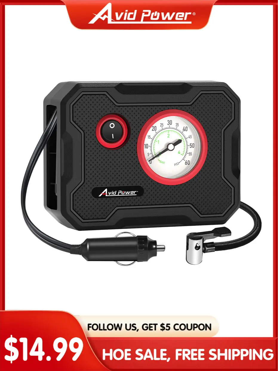 AVID POWER 12V Tire Inflator Portable Air Compressor, Portable Car Air Pump w/Display Gauge and LED Light, Air Pump for Car Tires, Bike, Motorcycle, Compact, Lightweight