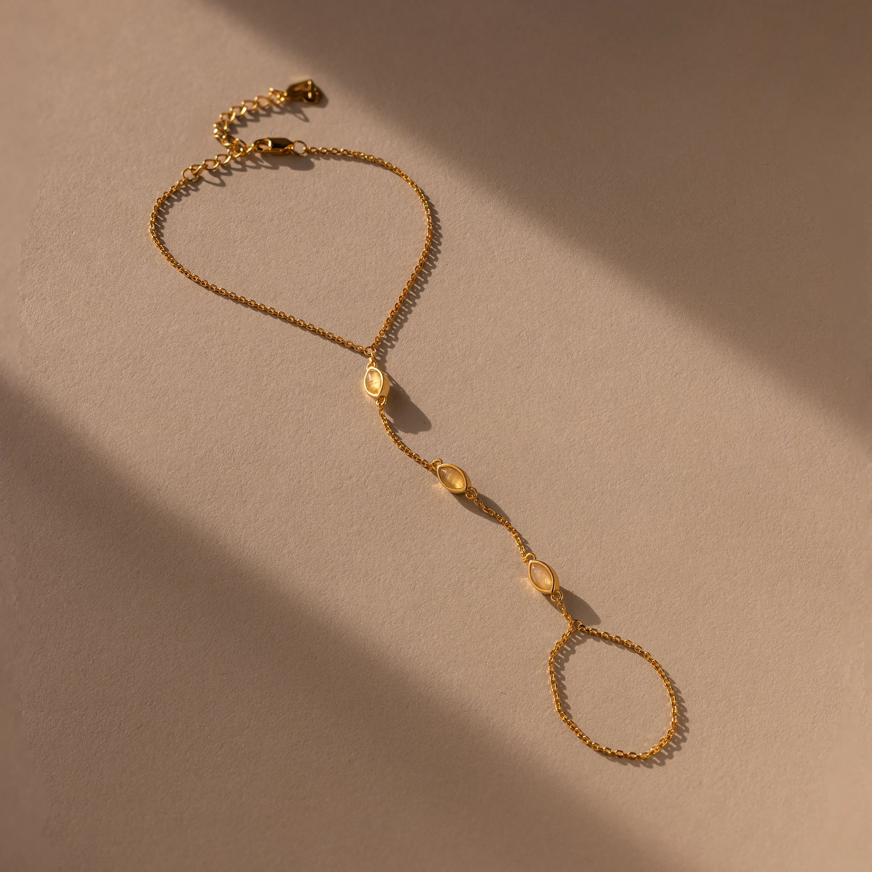 Moonstone Hand Chain Bracelet by Caitlyn Minimalist - Dainty Marquise Gemstone Bracelet in Gold & Silver - Unique Summer Jewelry - Gift for Her