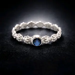 Blue Bloom Band 925 Sterling Silver Bezel Set - Elegant Stackable Jewelry Size 8- Gift Box Included