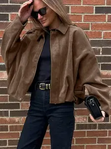 Aviator Jacket Woman,New In Coats And Jackets,Zip Up Jacket Women's Spring Jacket,Suede Jacket,Oversized Pilot Jacket Cropped Fit, Streetwear Pleats Short Jacket Woman