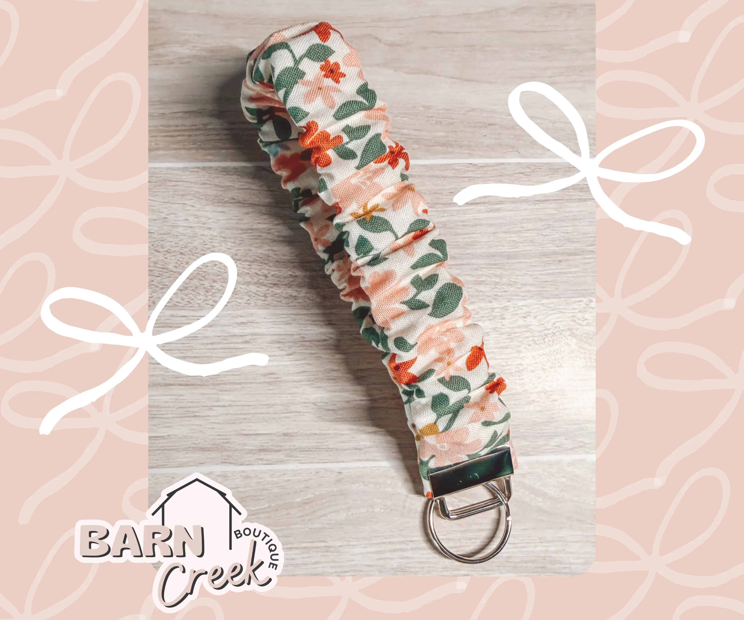 Winter Flowers Floral Scrunchie Wristlet Keychain | Handmade Stretchy Fabric Lanyard Key Strap | Cute Girly Keychain Gift for Her