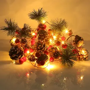 Pine Garlands  Operated Garland Lights 6.5FT 20LEDs Christmas Garland with Lights Red Berry and Pine Cone Xmas Tree Garland Indoor Decoration Warm Lights for Holiday Party  Decor