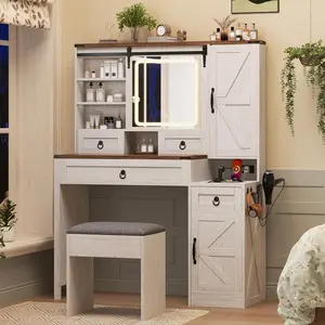 Farmhouse Vanity Desk with Sliding LED Mirror and Lights, Makeup Vanity with Glass Top and Charging Station, White Dressing Table with 4 Drawers, 2 Cabinets and Stool for Bedroom（White）