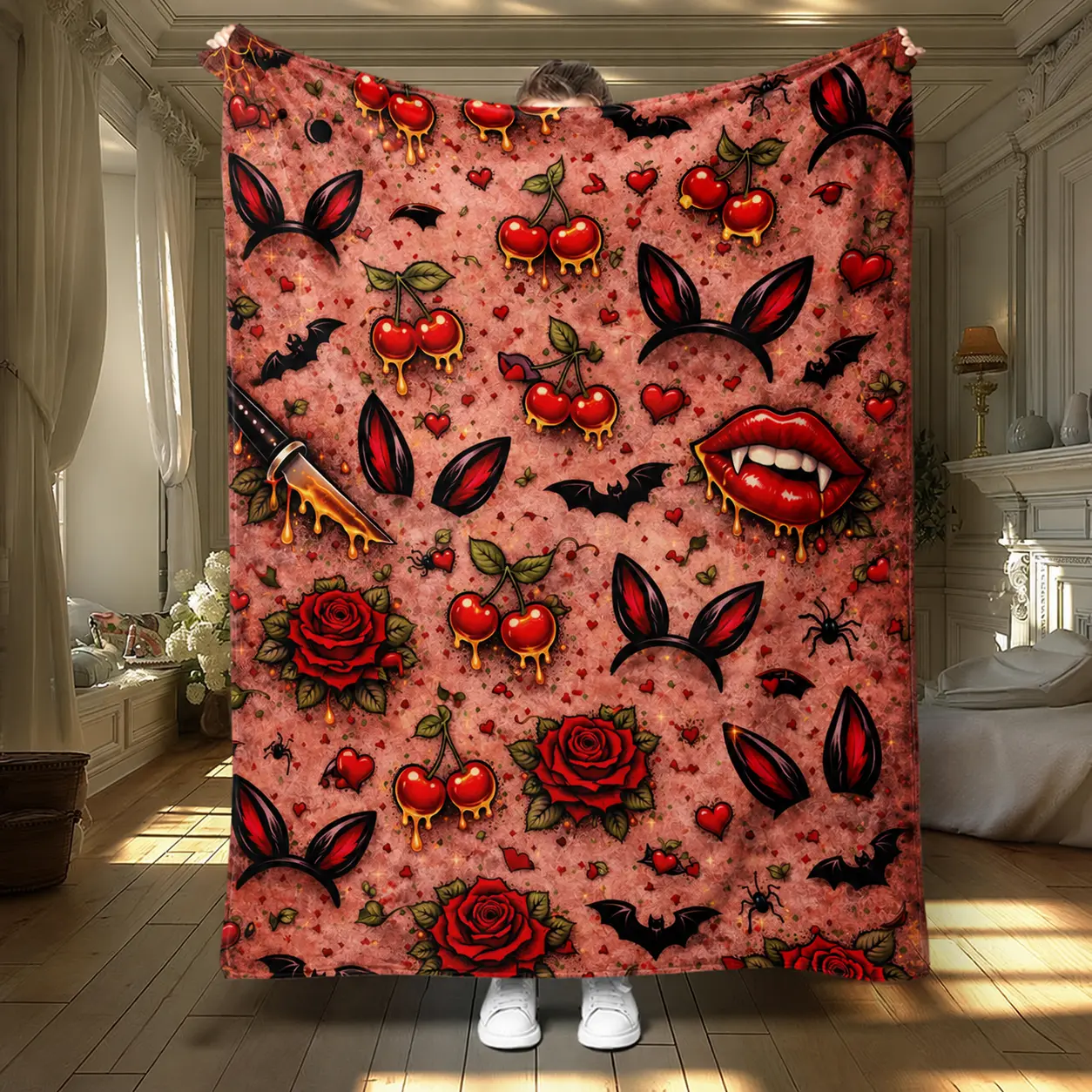 Pink Goth Blanket Vampire Coquette Aesthetic Creepy Cute Throw for Women Girls Teens Birthday Gift Halloween Gift Gothic Decor Cozy Soft Flannel Bedding Bed Couch Sofa Home Decor Dark Aesthetic