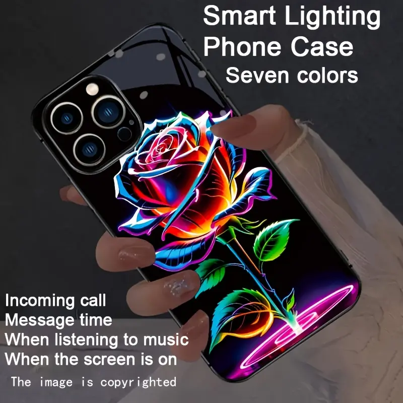 Iridescent Green Leaf Rose, Dazzling Glow-in-the-Dark Smart Light-Up Phone Case, New and Stylish, Suitable for iPhone 17/Air/16 Pro Max/16e/iPhone 15 Pro Max/iPhone 14 Pro Max/Plus/13/12. Features include smart voice control, dazzling light, and drop prot