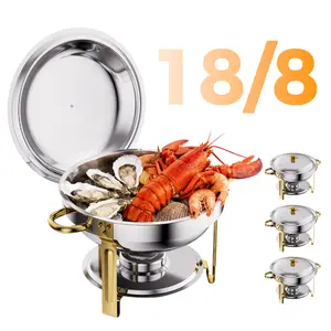 CAMMOO Gold 4 Pack Chafing Dishes for Buffet, 18/8 (304) Stainless Steel Food Pan with Lid, 6QT Round Chafing Dish Buffet Set Food Warmer, Food Warmers for Parties Buffet Catering Events Dinners