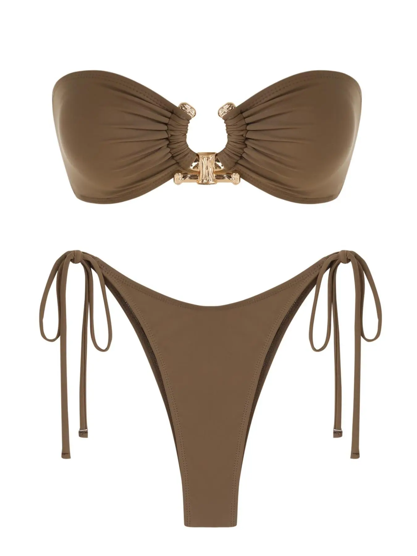 Two-Piece Set Women's Ruched U Shape Ring Linked Bikinis Set, Casual Fashion Chic Padded Bandeau Swim Bra & Tie Side Swim Panty for Beach Holiday Vaca