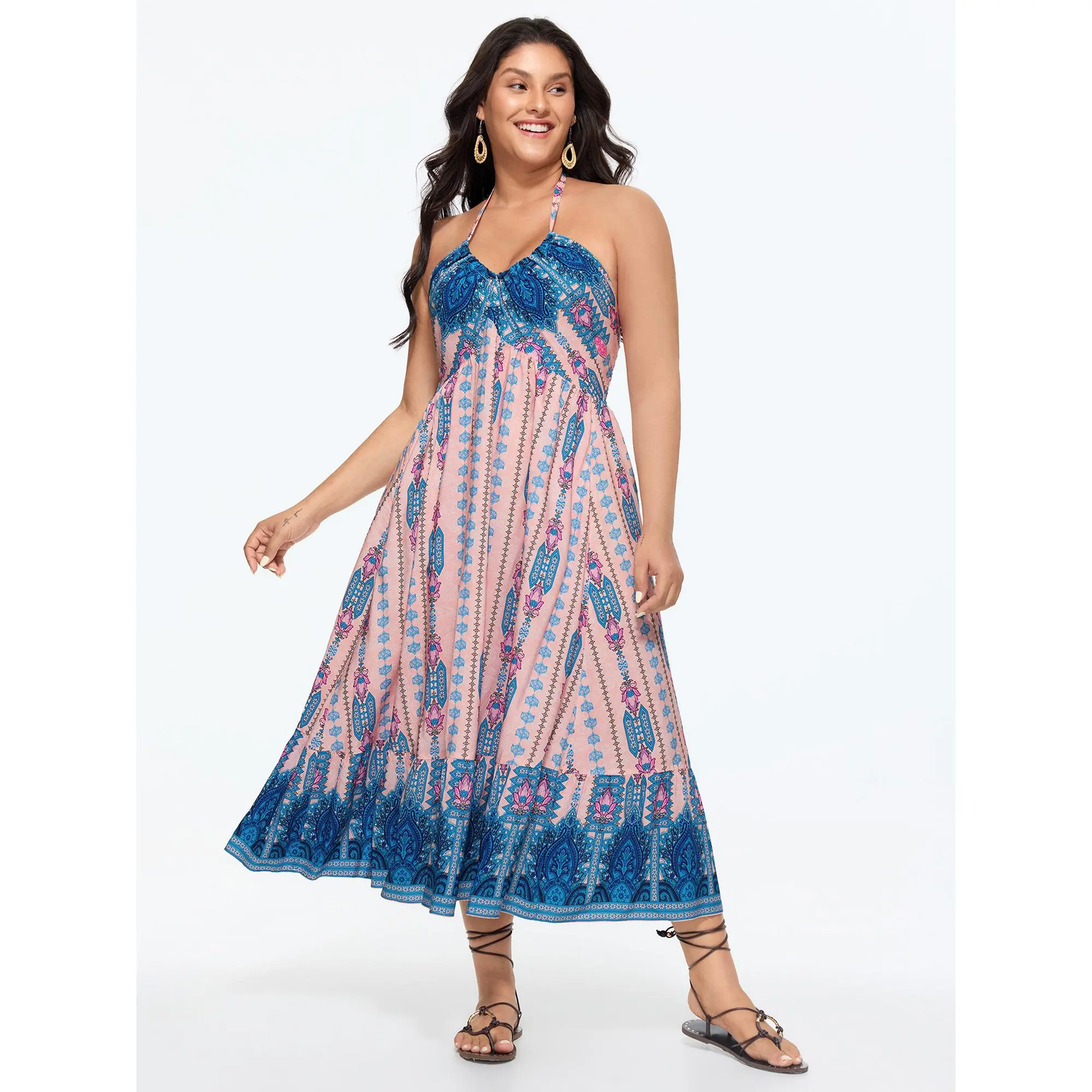 BloomChic Women's Plus Size Boho Midi Casual Dress - Ethnic Floral Sleeveless Halter Neck Rayon Sundress with Shirred Bodice, Side Pocket, Shirred Waist, Smooth Fabric, Cold Wash, Do Not Tumble Dry, Long Length, Women's Casual Wear Style Clothes