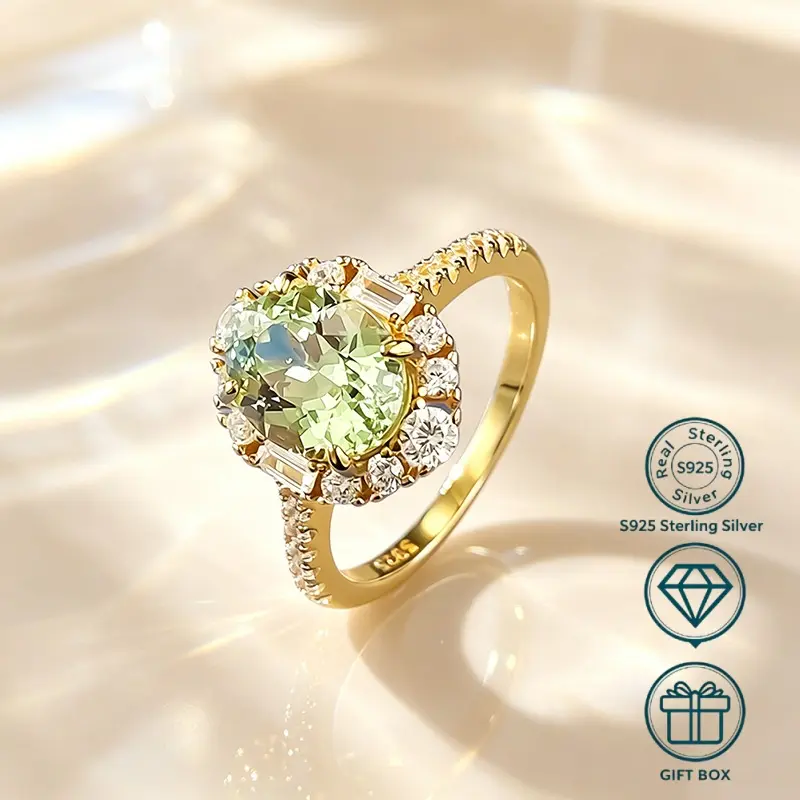S925 Silver-18K Gold Plated Green Oval Tourmaline Ring (7x9mm) with Zircon Accents, Light Luxury Fashion Jewelry, Ideal Graduation or Birthday Gift