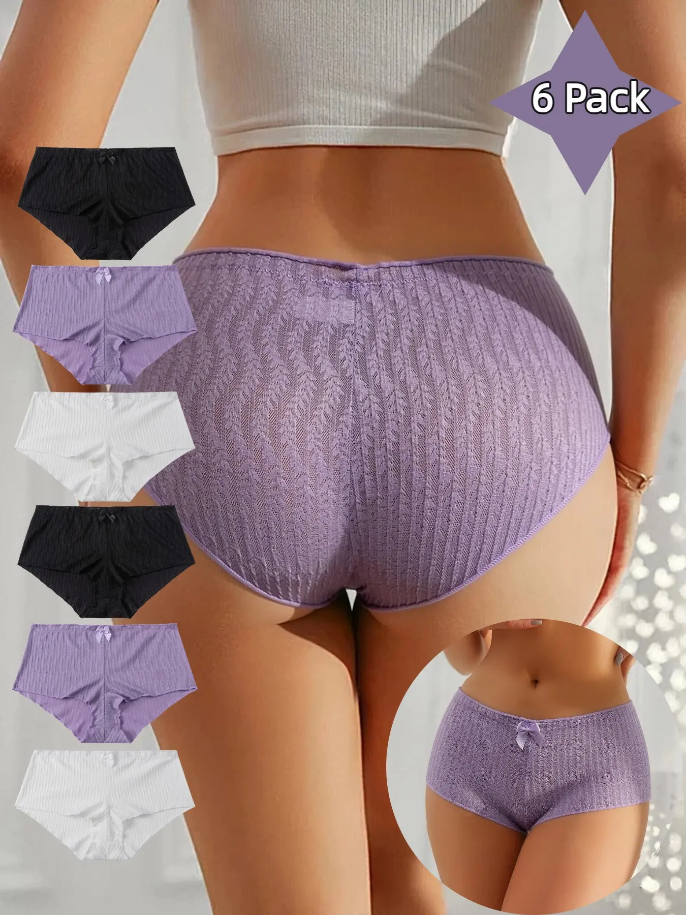 Women's Embroidered Lace Boxer Shorts, Sweet Bow Decoration, Transparent Sexy Lace Casual Fitted Underwear, Comfortable Daily Wear, 6 Pcs Set