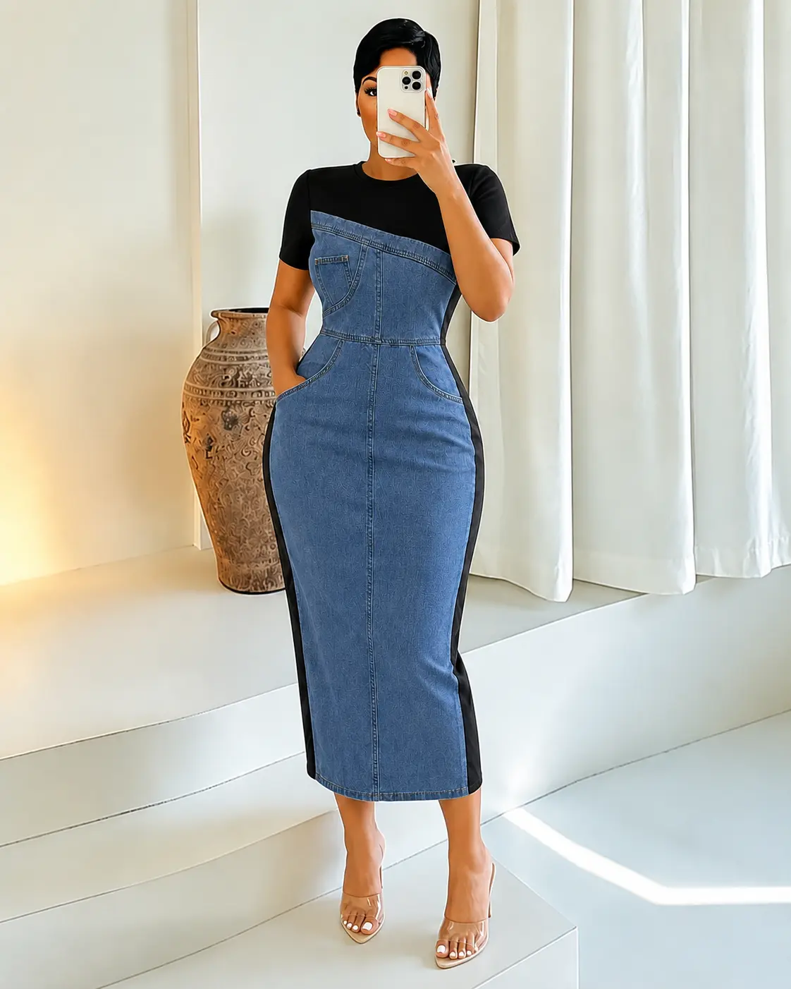 Women's Woven Denim Dress - Chic Lady's Casual Twist Design, Denim Splicing Long Skirt, Denim‑Top Contrast