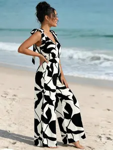 Women's Fashion Comfortable Maternity Lace-Up Backless Sleeveless V-Neck Jumpsuit, French Vintage Print Slimming Wide Leg Pants, Maternity Clothing, Maternity Outfits