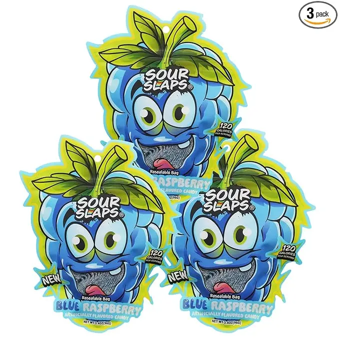 Sour Slaps 3-Pack Flavored Sour Candy Belts - Deliciously Sour, Fresh & Chewy, Extreme Sour Kick, Vegetarian, Choose From 8 Mouth Watering Flavors (Strawberry (3-Pack))