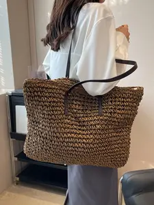 Fashion Solid Color Woven Bag Large Capacity Straw Tote Backpack, Beach Vacation Shoulder Bag, Stylish Handbag for Women, Fashionable Bohemian Bag