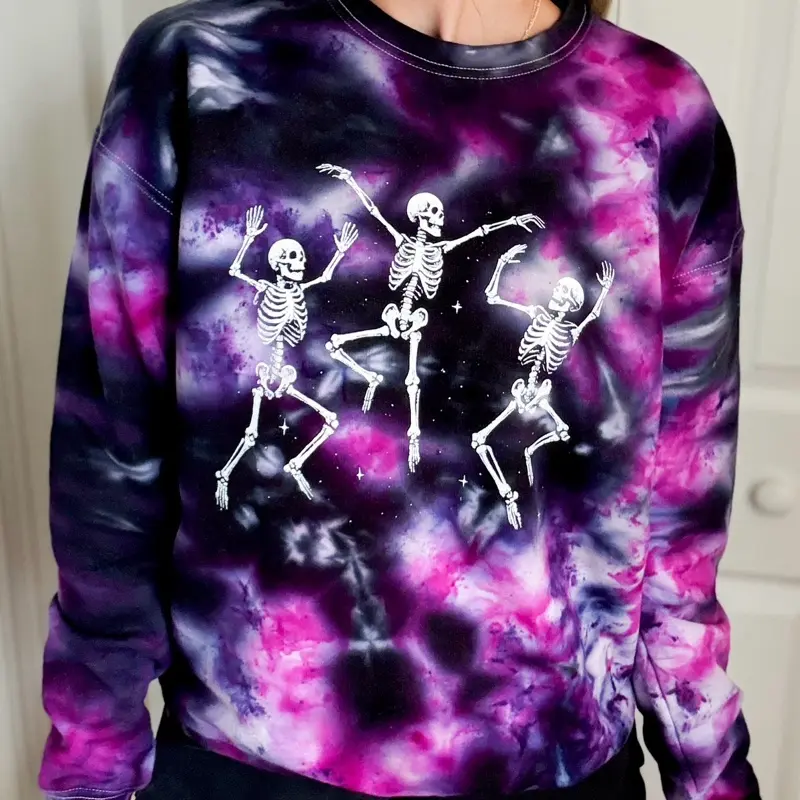 Skelly Trio Halloween Ice Dye Crewneck Sweatshirt -Halloween Graphics, Womenswear Style - Pullover