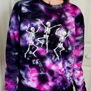Skelly Trio Halloween Ice Dye Crewneck Sweatshirt -Halloween Graphics, Womenswear Style - Pullover