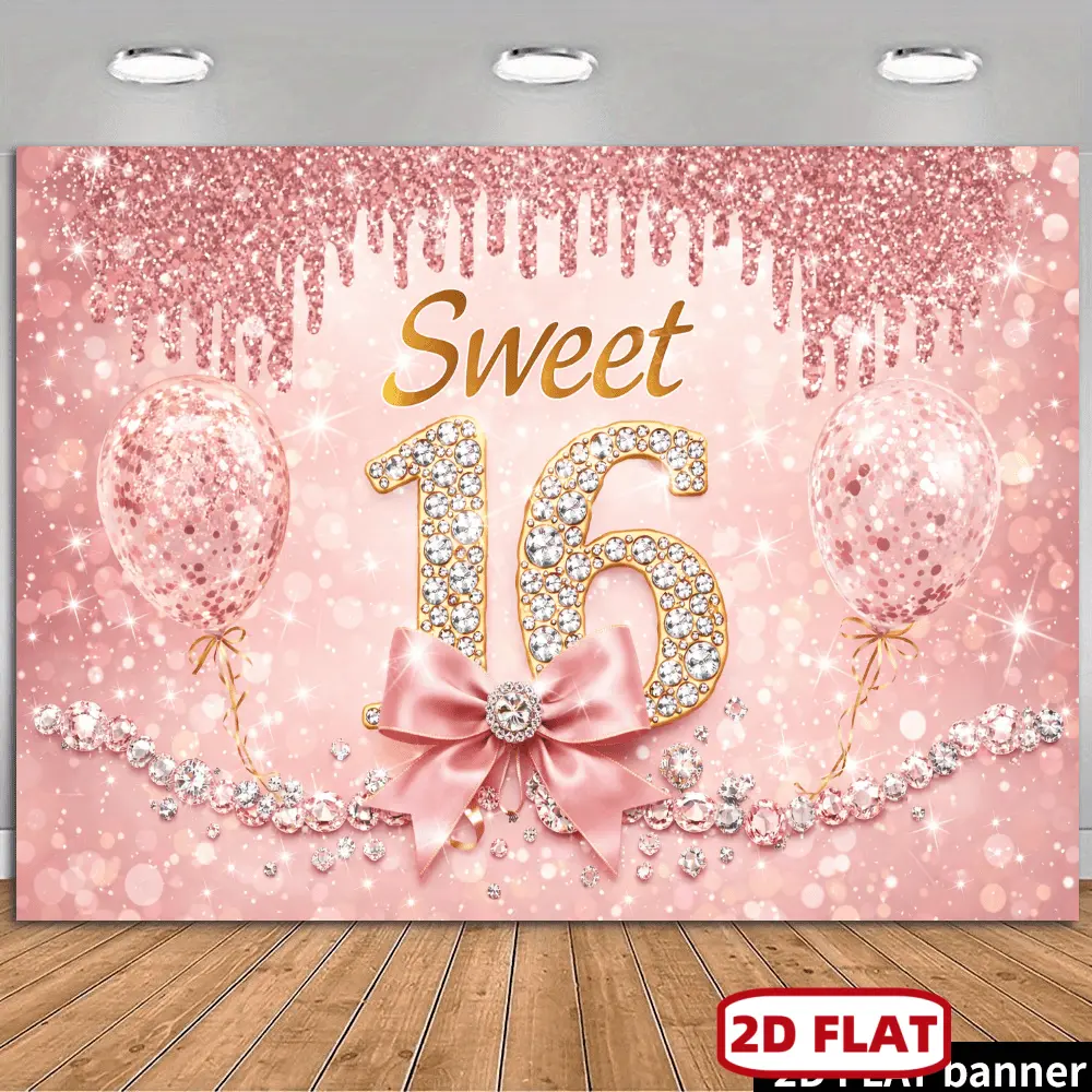 2D Flat Sweet 16th Birthday Party Backdrop Banner, Pink-Golden Textile Decoration with Rhinestone Number 16, Pink Bowknot, Sequin Balloons, Dazzle Star Ornaments, Durable Fabric, No Power Needed, Indoor-Use Sequin Graphic Throw, Sequin Graphic Throws