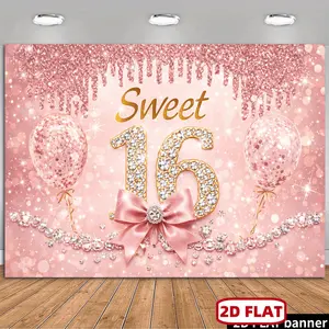 2D Flat Sweet 16th Birthday Party Backdrop Banner, Pink-Golden Style Textile Decoration with Rhinestone Number 16, Pink Bowknot, Sequins Balloons, Dazzle Star Ornaments, Durable Fabric, No Power Needed, Suitable for Indoor Use, Banners,summervibes