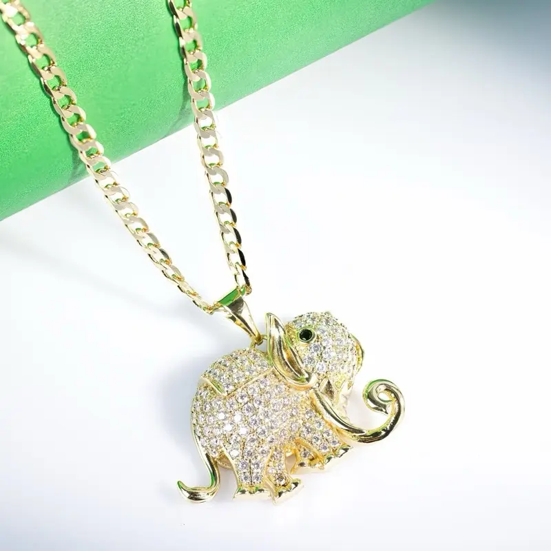 Unisex Elephant Design Pendant Necklace - 14 Karat Gold Laminated, 3MM Cuban Link Chain, Fully Iced Cubic Zirconia, High-Shine Bold Presence, 16 inch, Adults' Daily Costume Jewelry for Confidence