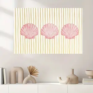 1 Piece Vintage Coastal Style Wall Art Poster, Unframed Wall Art - Soft Pink Shells and Light Yellow Stripes - Minimalist Beach Decorative Painting, Suitable for Home - Housewarming Gift - Frameless Canvas Print, Romantic Aesthetic, Durable Artwork