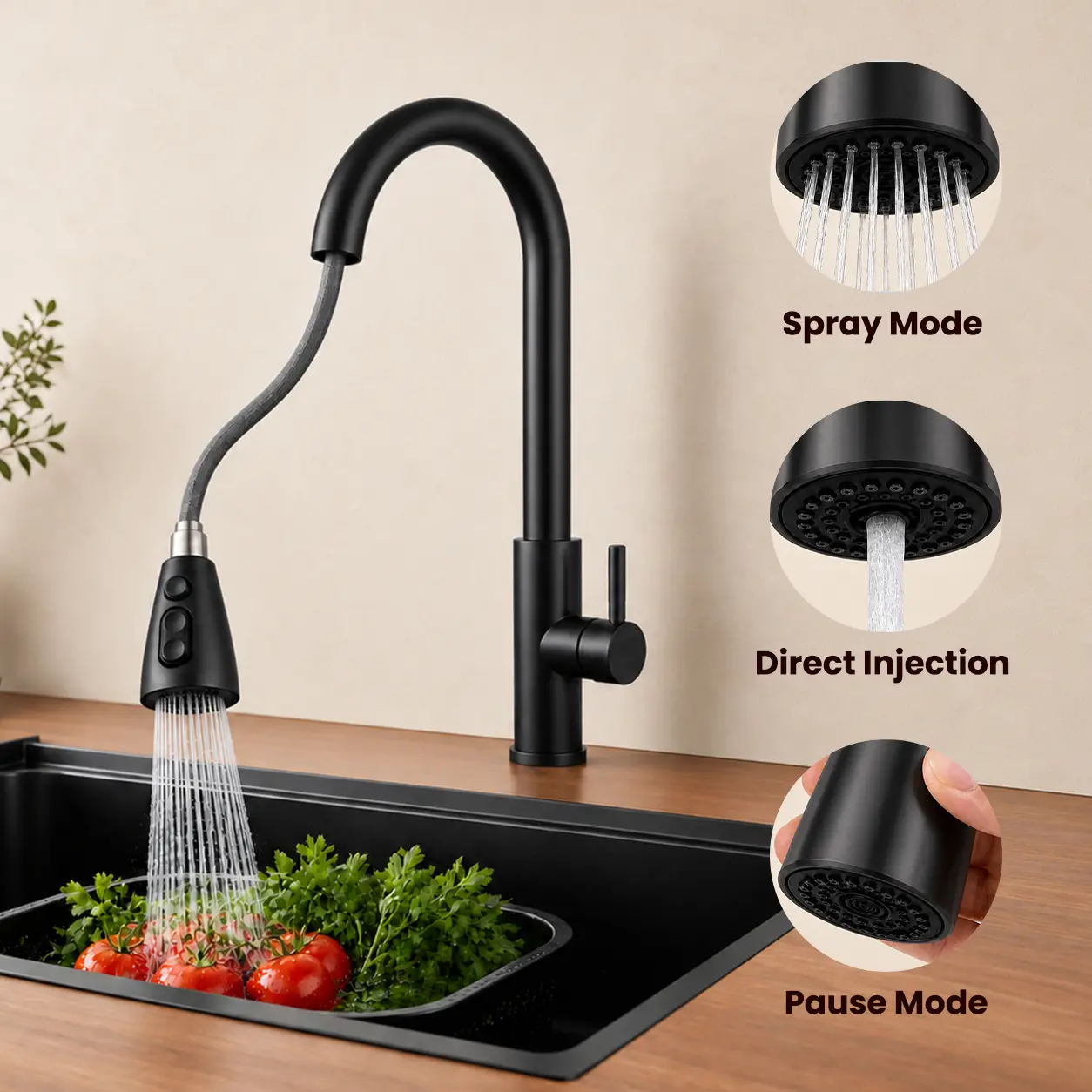 Brushed Nickel Modern Kitchen Faucet with Pull-Down Sprayer, High-Arc Gooseneck Spout, 360°-Swivel Single Handle, 3 Spray Modes