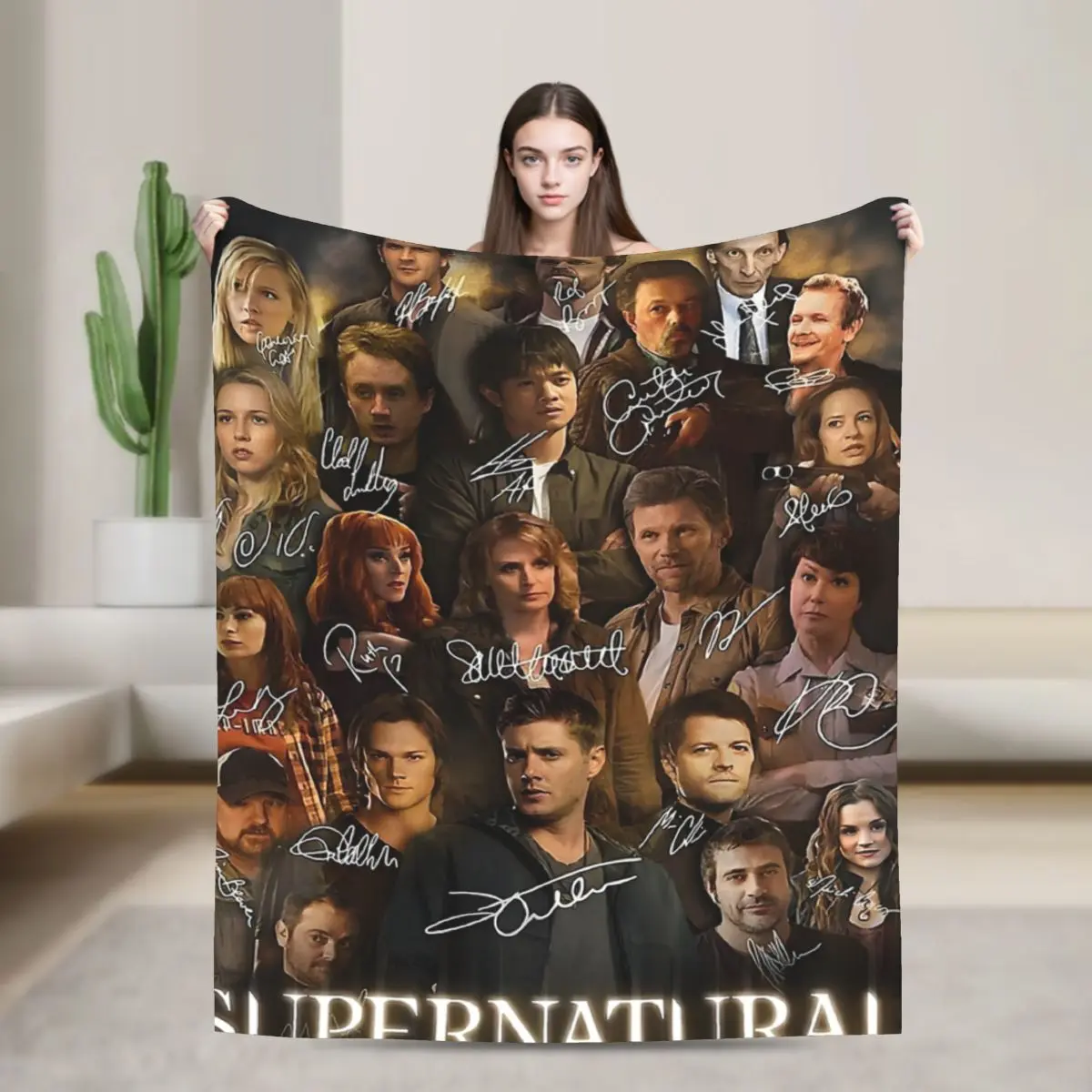 Supernatural Cast Signed Print Throw Blanket Dean Sam Winchester Flannel Fleece Blanket Cozy Lightweight All Season Sofa Bed Blanket Gift for Supernatural Fans