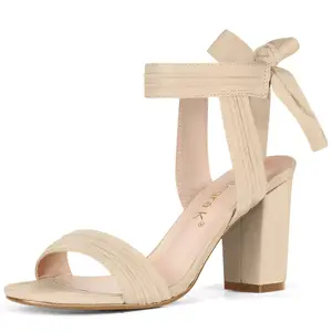 Allegra K Women's Back to College Faux Suede Open Toe Ankle Tie Back Chunky Heel Sandals Beige 6.5
