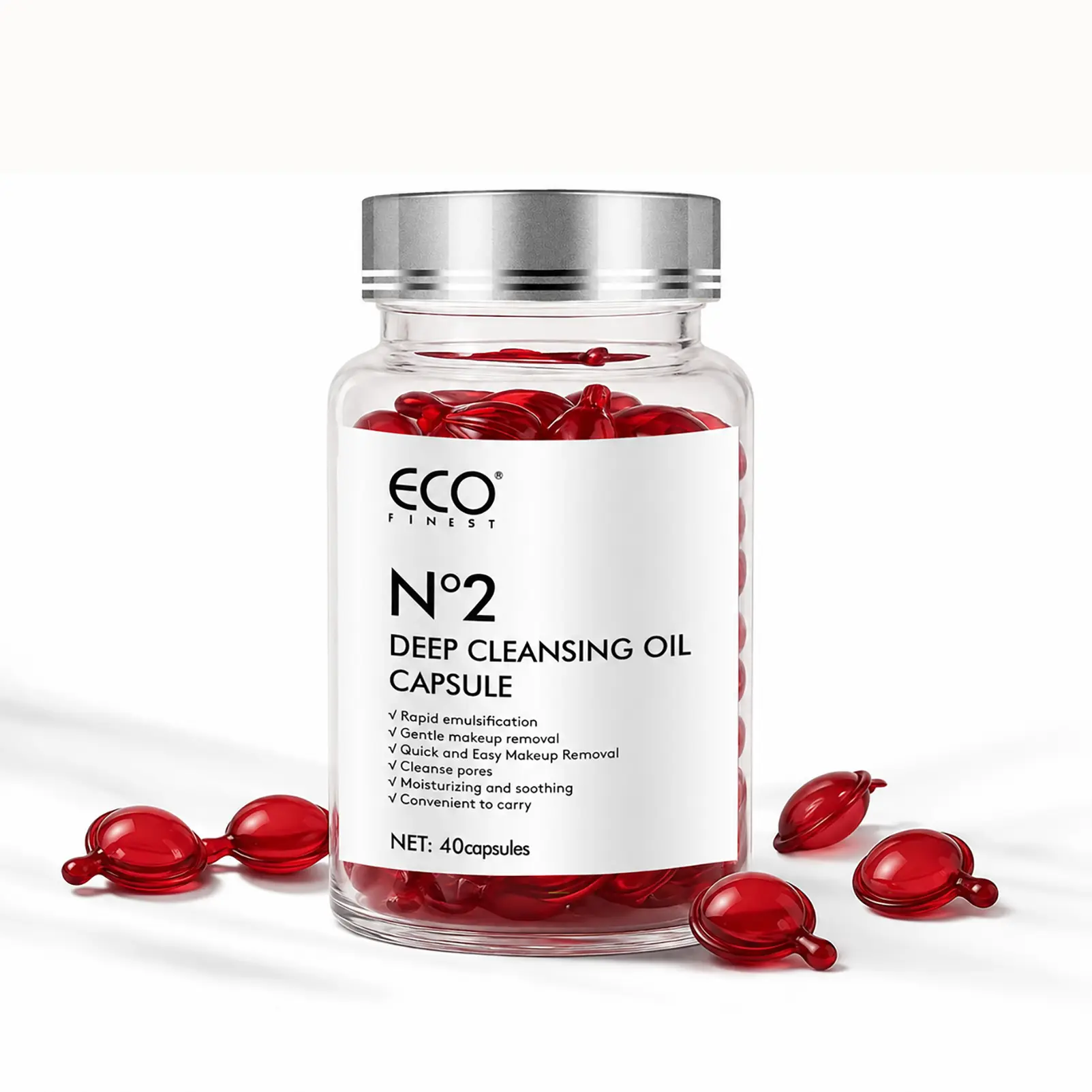 ECO Finest Deep Cleansing Oil Capsules - Gentle Pore-Clean Makeup Remover Cleanser, Alcohol-Free, Contains Neither Harsh Additives, Travel-Friendly, Youth-Focused, 40-Count, With Olive Jojoba Camellia Oil Blend